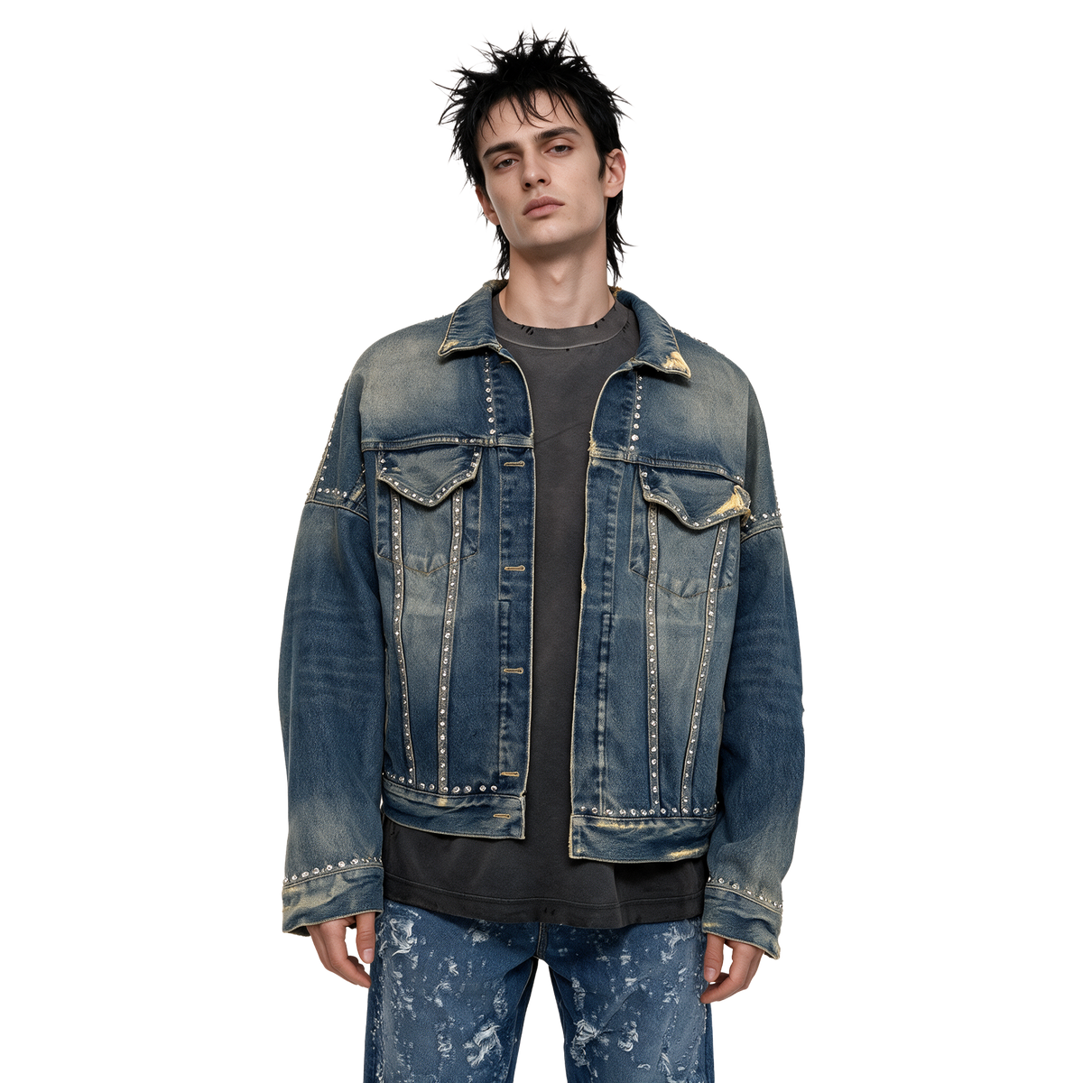 Studded Distressed Denim Trucker