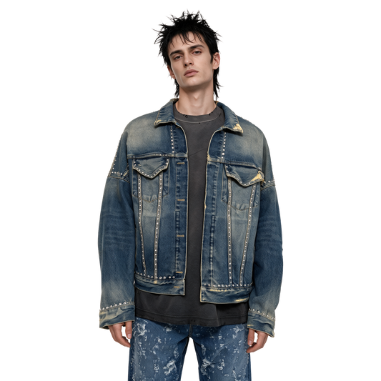 Studded Distressed Denim Trucker