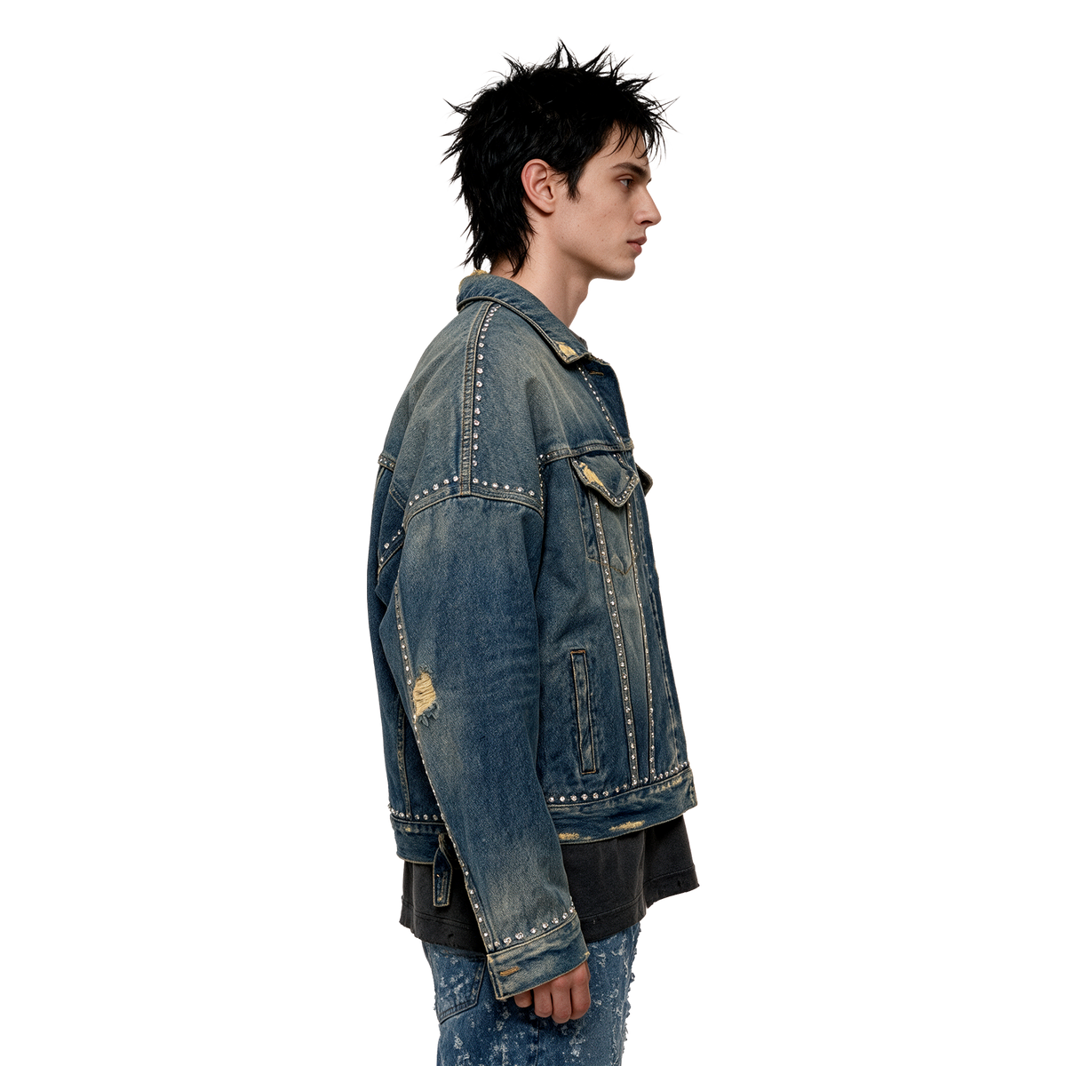 Studded Distressed Denim Trucker