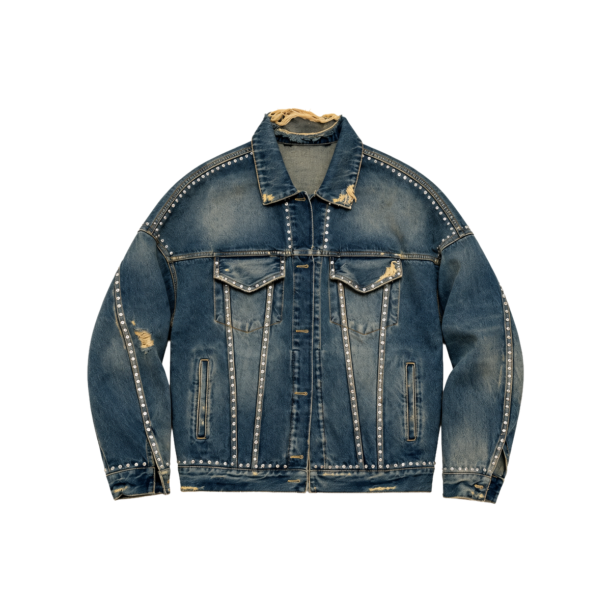 Studded Distressed Denim Trucker